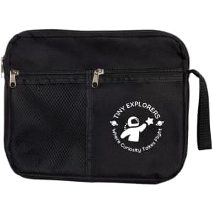 A black utility pouch with a mesh pocket and a logo. It features a zipper closure and a handle.