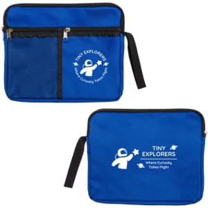 A blue utility pouch featuring a mesh pocket, two zippers, and a logo on both sides.