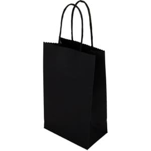 A small black paper bag with two handles and a scalloped top edge. Features a logo.