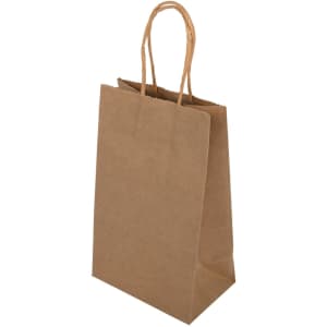 A small brown paper bag with a sturdy handle and a plain design. It has a branded logo.