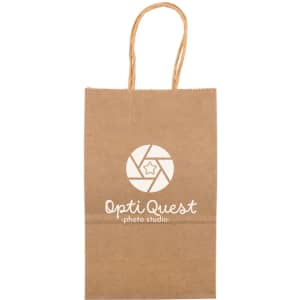 A small brown paper bag with a twisted handle and a circular logo featuring a star.