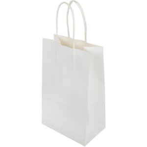 A small white paper bag with twisted handles and a plain design, featuring a branding logo.