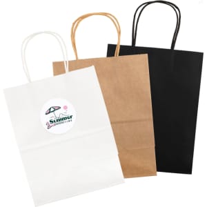 A set of three medium paper bags in white, brown, and black, each with handles and a logo.