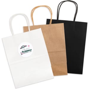 A set of medium-sized paper bags in white, brown, and black, each with handles and a logo.
