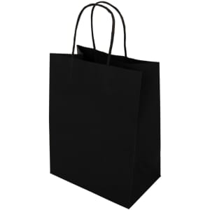 A medium black paper bag with two black handles and a simple, unadorned design.