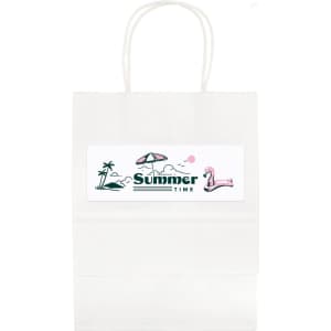 A medium white paper bag with a design featuring a parasol, palm trees, and a flamingo. It has a logo on the front.