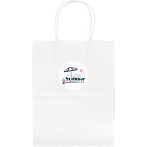 A medium white paper bag with handles and a logo displayed on the front.