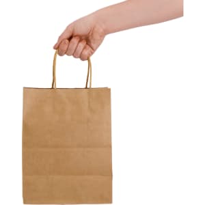 A medium brown paper bag with twine handles held by a hand. The bag has a simple design and no visible logos.