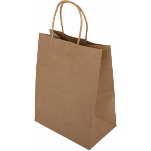 A medium brown paper bag with two handles, featuring a simple design and an open top.