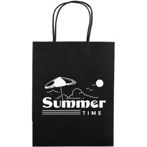 A medium black paper bag featuring a beach scene design and a logo. It has two sturdy handles.