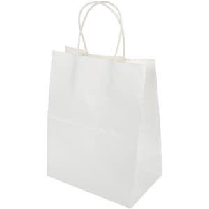 A medium-sized white paper bag with rope handles and a plain design.
