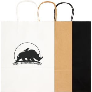 Large paper bags in white, brown, and black, featuring a logo on the front and matching handles.