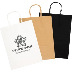 A large paper bag set featuring white, kraft, and black bags, each with handles and a logo.
