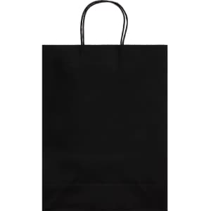 A large black paper bag with handles, featuring a simple design and a logo.