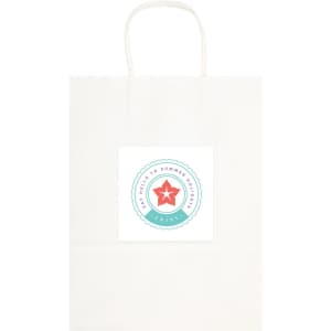 A large white paper bag with a handle and a circular logo featuring a star design.