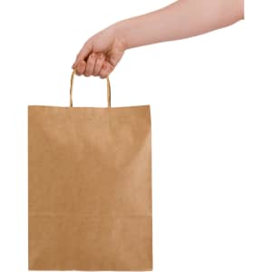 A large brown paper bag is being held by a hand, featuring two handles. It has a plain design with no visible text.