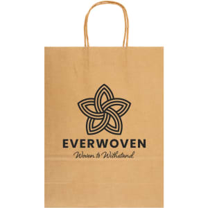 A large brown paper bag with a logo and a patterned design featuring a flower-like shape.