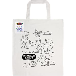 A natural cotton tote bag featuring dinosaur illustrations and a logo, accompanied by colouring crayons.