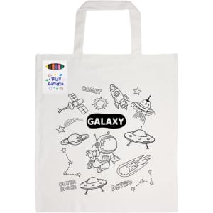 A white cotton tote bag featuring a space-themed design with an astronaut, rockets, and UFOs. Includes crayons and a logo.