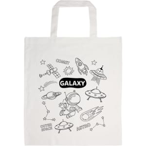 A white cotton tote bag featuring a space-themed design with rockets, UFOs, and an astronaut, including a logo.