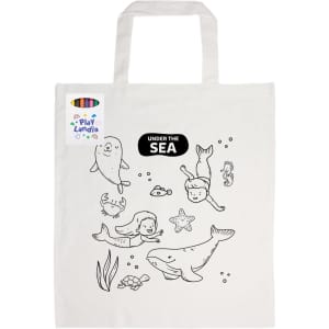 A white cotton tote bag featuring ocean-themed illustrations ready for colouring, with a logo attached.