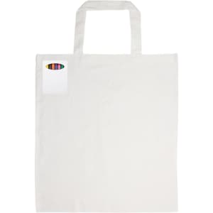 A white cotton tote bag with short handles and a colourful logo on one side.