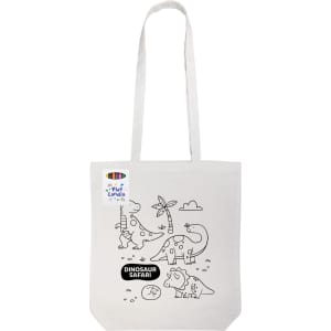 A white tote bag featuring a dinosaur design and an attached logo. Crayons are included for colouring.