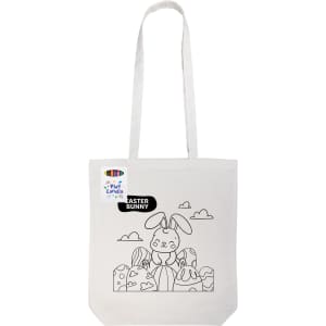 A white tote bag featuring a colouring design of an Easter bunny with eggs, along with a logo.
