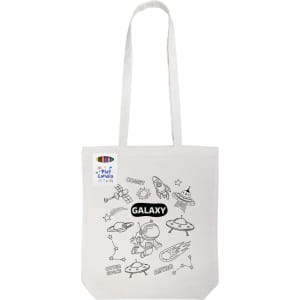 A white cotton tote bag featuring a galaxy-themed design and an attached branding label.