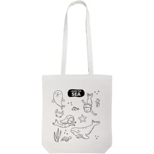 A white tote bag featuring an underwater scene with marine animals and a logo. Ideal for colouring and creativity.
