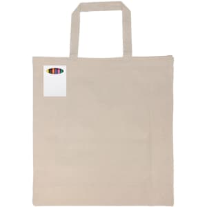 A beige calico bag with short handles and a small label, featuring assorted crayons beside it.