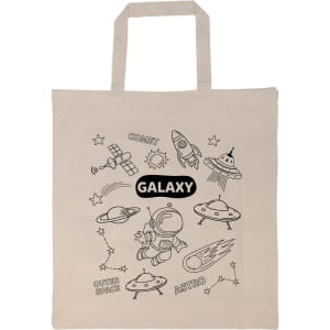 A beige calico bag featuring a space-themed design with illustrations of rockets, planets, and stars. It has two handles.