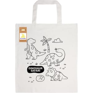 A colouring short handle cotton bag in natural colour featuring dinosaur illustrations and a logo. Pencils included.