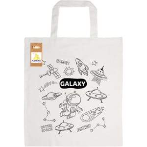 A cotton bag featuring a space-themed design with a rocket, astronaut, and UFOs, in a natural colour. It includes a logo.