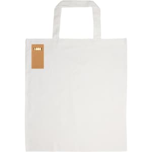 A white cotton bag with short handles and a label, designed for colouring.