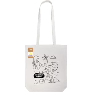 A cotton tote bag in cream featuring a dinosaur design for colouring, with long handles and a logo.