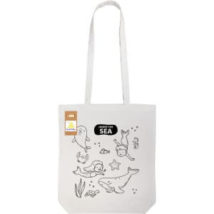 A grey cotton tote bag features a black and white sea-themed colouring design with various sea creatures and plants.