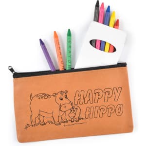 A pencil case in orange with a hippo design, containing various coloured pencils and crayons in bright colors.