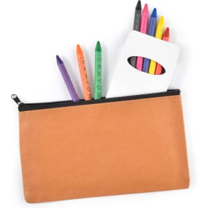 A brown pencil case containing several coloured pencils and crayons in various bright colors.