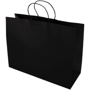 A black extra large paper bag with twisted handles and a smooth surface. The bag has a plain design and no text.