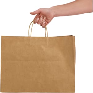 A hand holds an extra large brown paper bag with handles. The bag has a simple design and a visible logo.