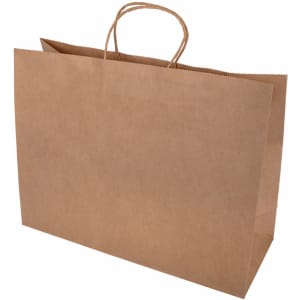 A large brown paper bag with a sturdy handle and a flat bottom, featuring a simple design and natural finish.