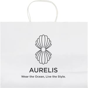 A large white paper bag with a decorative logo design and handles. Features minimalistic branding and text.