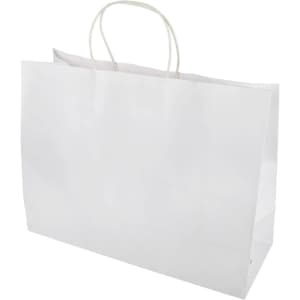 A large white paper bag with two handles and a smooth surface, featuring a logo.
