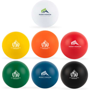 A collection of round stress balls in various colours: white, yellow, orange, red, green, blue, and black, with different logos.