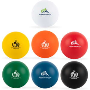 A variety of round stress balls in white, yellow, orange, green, and black, each with different branding.