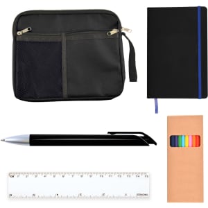 A black zippered case, a black notebook with a blue band, a silver pen, a ruler, and a set of colored markers.