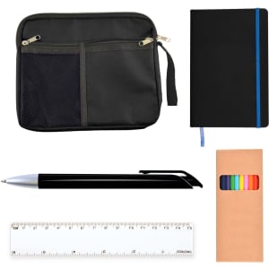 A black zippered pouch, a black notebook with a blue band, a silver pen, a ruler, and a box of colorful sticky notes.