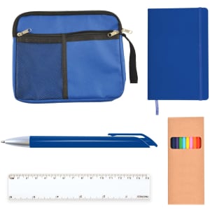 A blue zippered pouch with a mesh pocket, a blue notebook, a blue pen, a rainbow of markers, and a ruler.