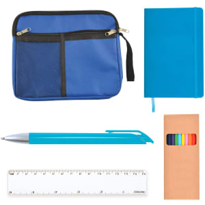 A blue zippered pouch, a blue notebook, a blue pen, a ruler, and a box of colorful markers.
